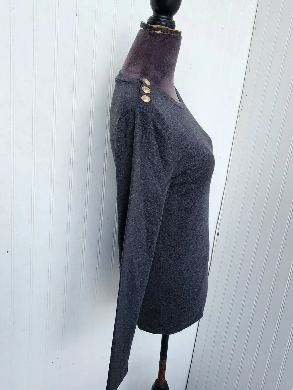 J.Crew Charcoal Gray Long-Sleeve Perfect Tee Gold Button Shoulders 100% Cotton M